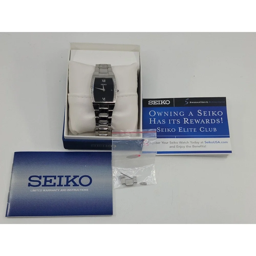 Seiko Diamond Watch Women 19mm Silver Tone Black Dial Box Papers Needs Battery